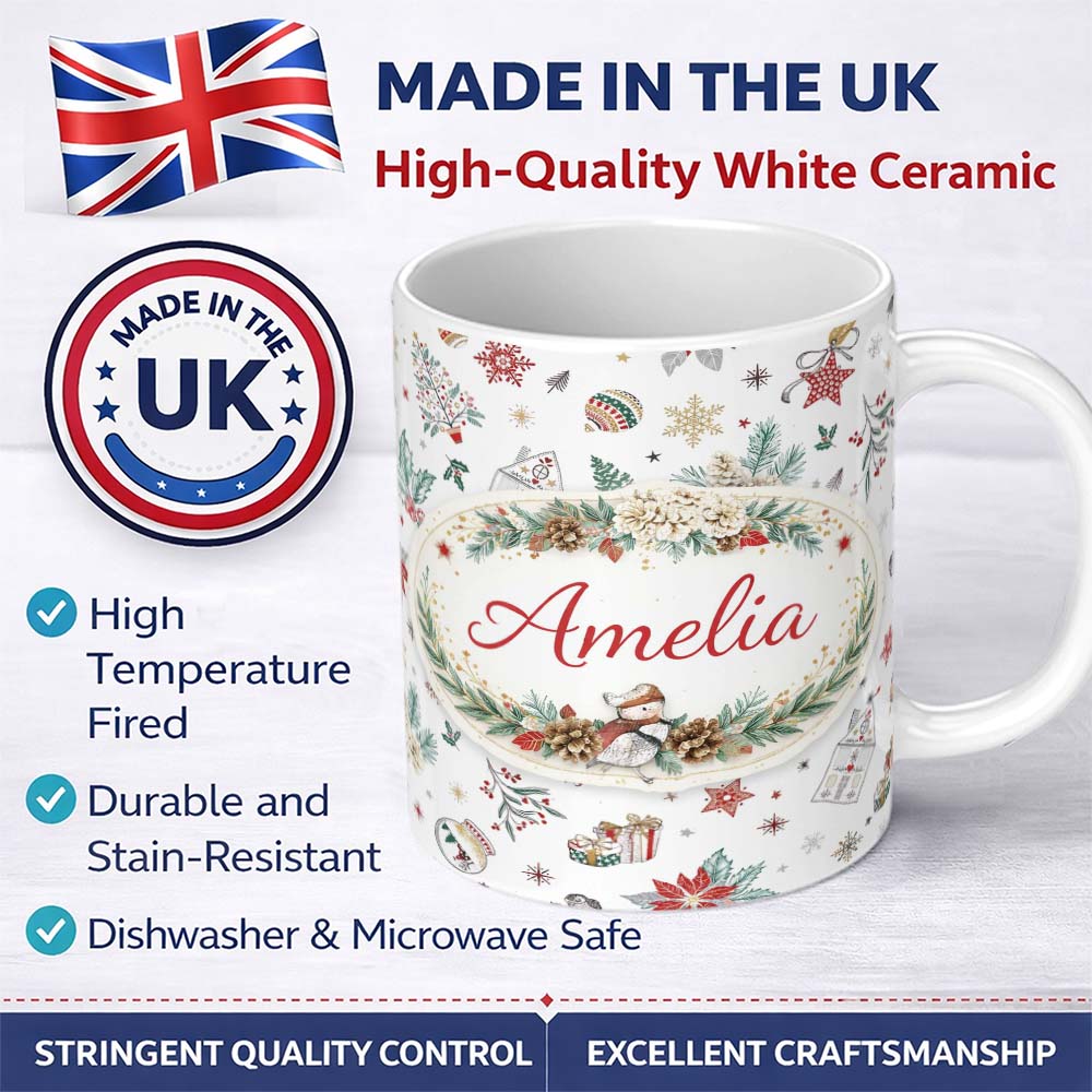 Personalized Custom Name Christmas Icons Pattern Snowflakes Gifts Baubles Seamless Design 11oz Ceramic Coffee Tea Mug White Large Handle