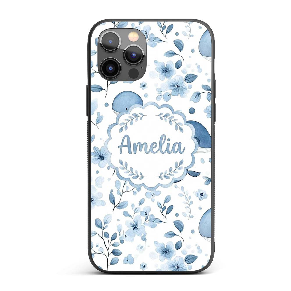 Cute Blue Whale with Floral Background Seamless Custom Name Protective Phone Case Mobile Cover Durable Everyday Smartphone Shock Resistant