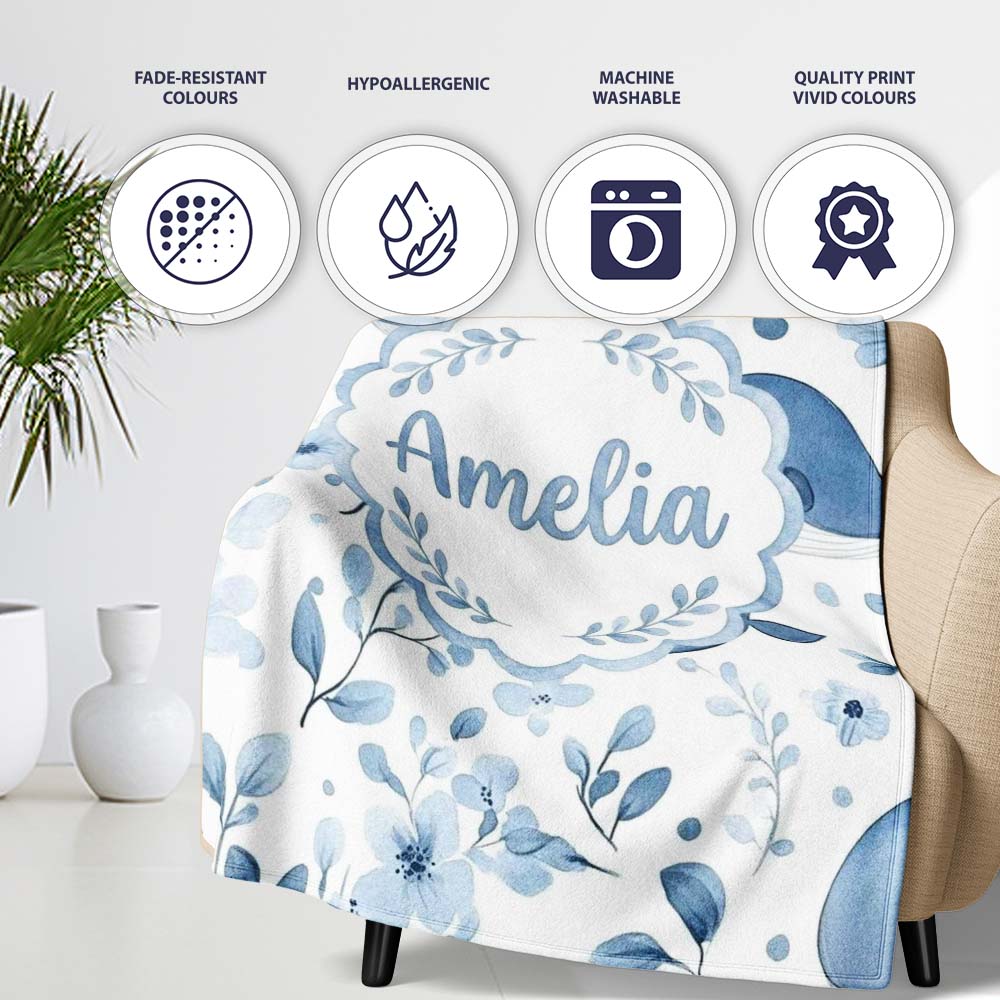 Cute Blue Whale with Floral Background Seamless Pattern Lovely Personalised Custom Name Super Soft Fleece Blanket Bed Sofa Throw