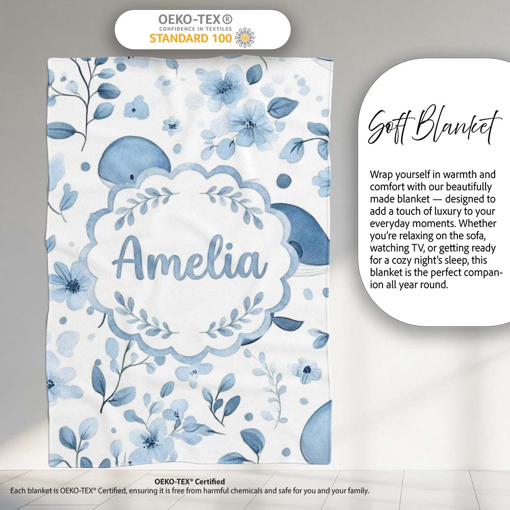Cute Blue Whale with Floral Background Seamless Pattern Lovely Personalised Custom Name Super Soft Fleece Blanket Bed Sofa Throw