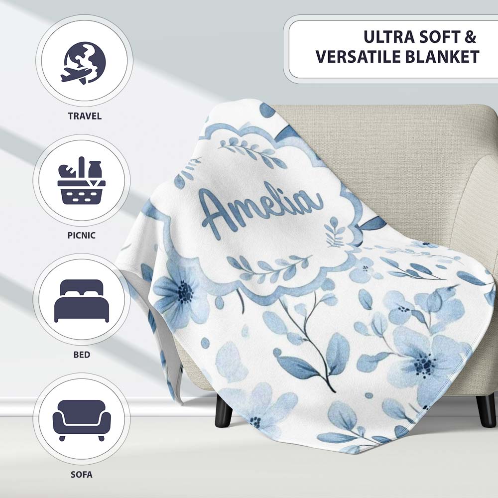Cute Blue Whale with Floral Background Seamless Pattern Lovely Personalised Custom Name Super Soft Fleece Blanket Bed Sofa Throw