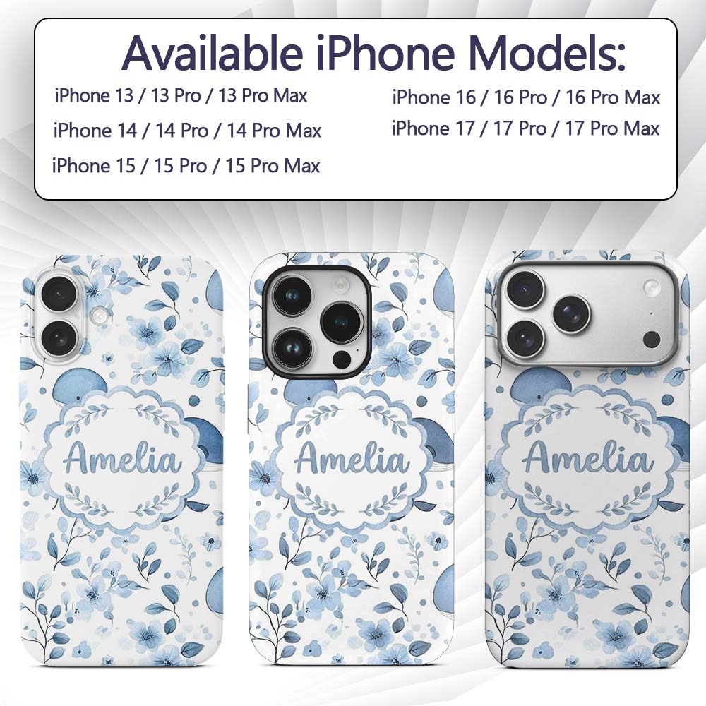 Cute Blue Whale with Floral Background Seamless Custom Name Protective Phone Case Mobile Cover Durable Everyday Smartphone Shock Resistant