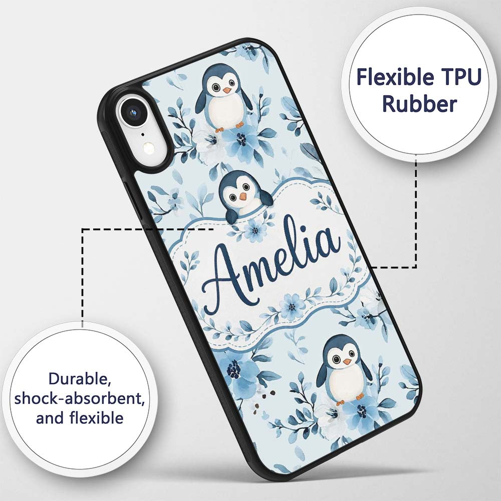 Cute Penguin with Blue Floral Background Seamless Custom Name Protective Phone Case Mobile Cover Durable Everyday Smartphone Shock Resistant