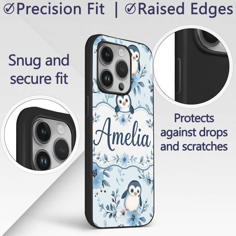 Cute Penguin with Blue Floral Background Seamless Custom Name Protective Phone Case Mobile Cover Durable Everyday Smartphone Shock Resistant