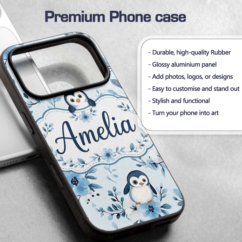Cute Penguin with Blue Floral Background Seamless Custom Name Protective Phone Case Mobile Cover Durable Everyday Smartphone Shock Resistant