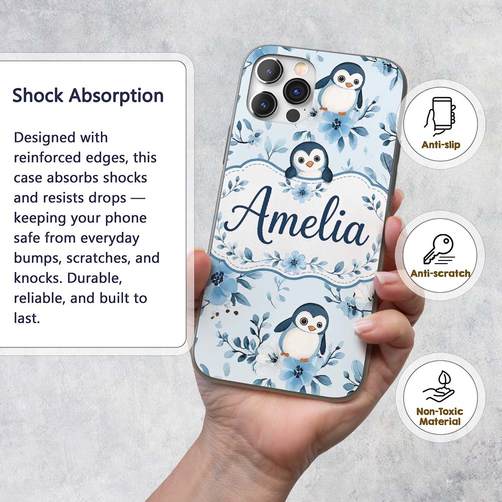 Cute Penguin with Blue Floral Background Seamless Custom Name Protective Phone Case Mobile Cover Durable Everyday Smartphone Shock Resistant