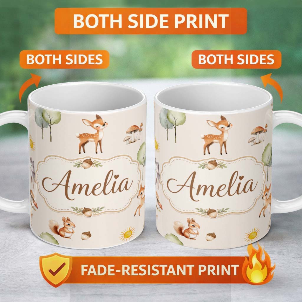 Personalized Custom Name Cute Woodland Deer Fox Mushroom Seamless Pattern on Soft Beige 11oz Ceramic Coffee Tea Mug White Large Handle