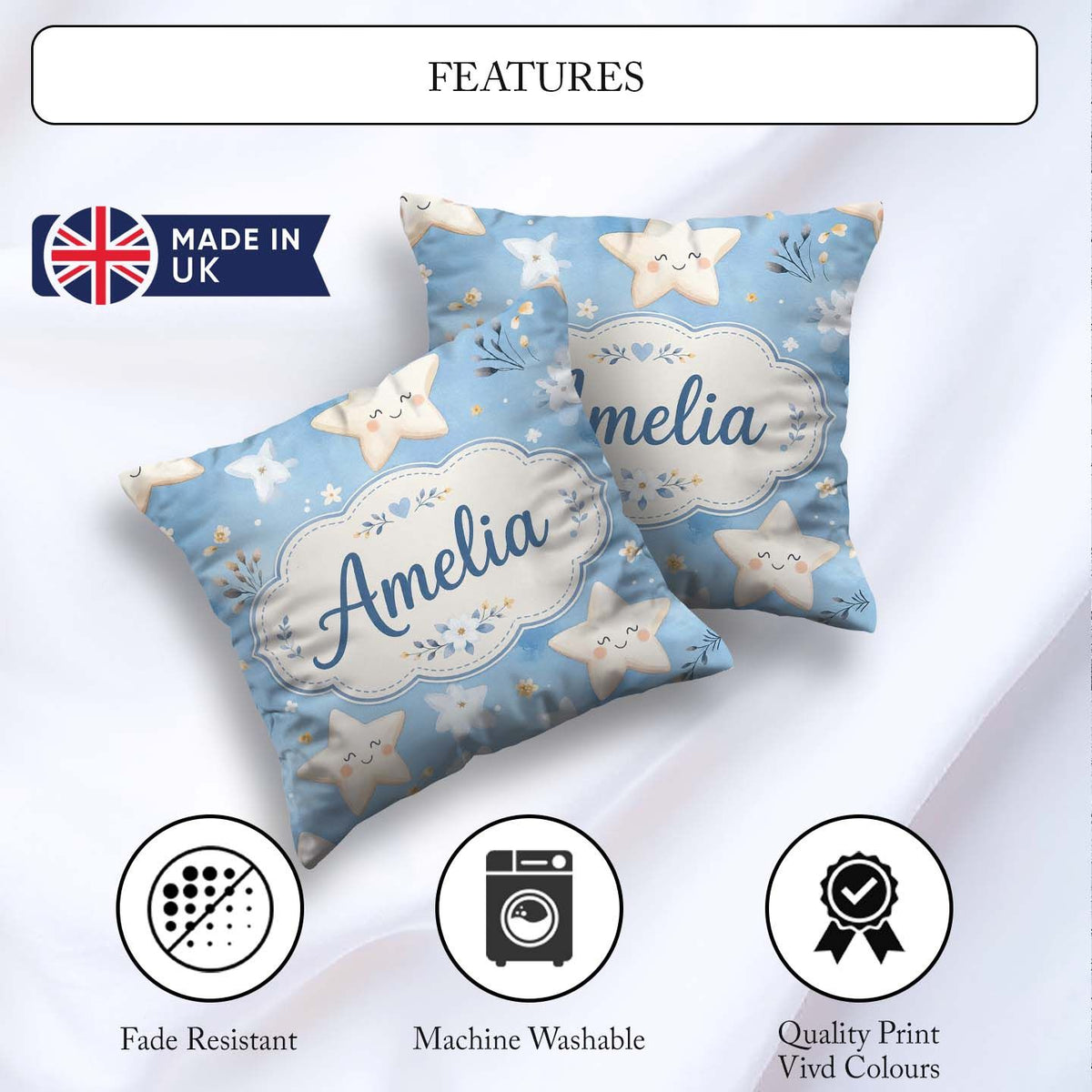 Custom Name Cute Smiling Starfish with Soft Blue Floral Seamless Square Filled Cushion Throw Pillow Sofa Bed Home Decor Zip Washable UK Made