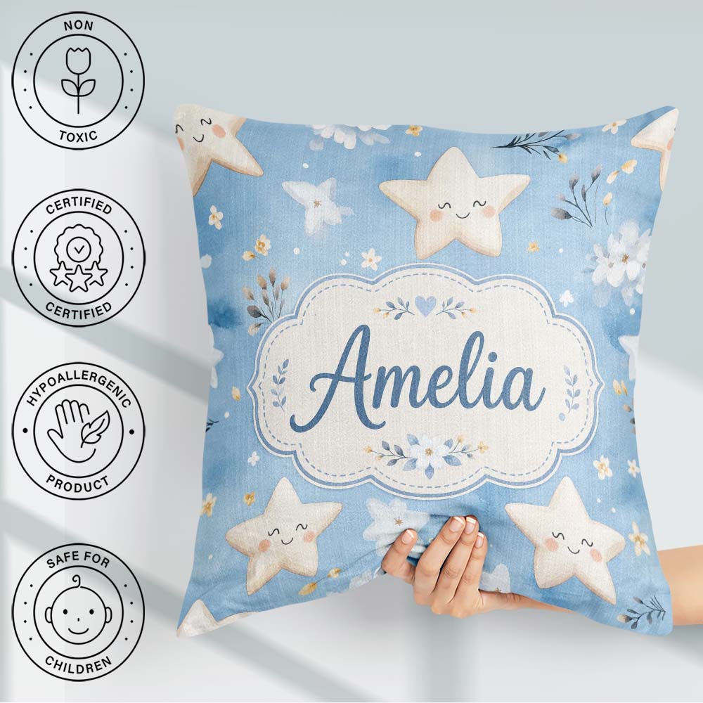 Custom Name Cute Smiling Starfish with Soft Blue Floral Seamless Square Filled Cushion Throw Pillow Sofa Bed Home Decor Zip Washable UK Made