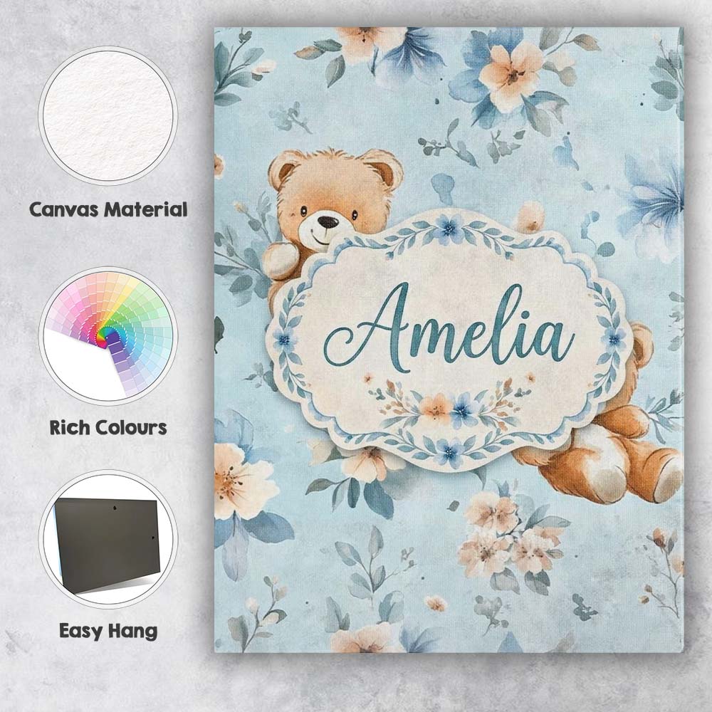 Personalised Name Cute Teddy Bears with Custom Modern Room Accent Elegant Feature Canvas Wall Art Print Decor Picture Ready to Hang