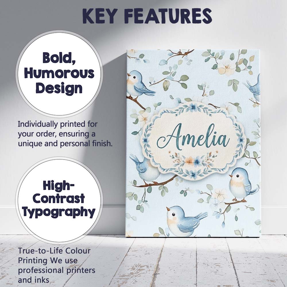 Personalised Name Cute Blue Birds on Floral Custom Bespoke Interior Contemporary Canvas Wall Art Print Decor Picture Ready to Hang