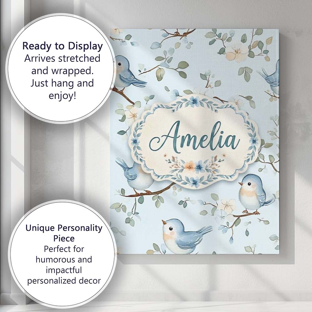 Personalised Name Cute Blue Birds on Floral Custom Bespoke Interior Contemporary Canvas Wall Art Print Decor Picture Ready to Hang