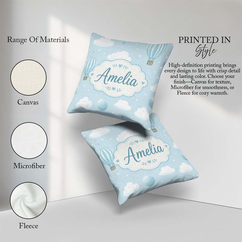 Custom Name Hot Air Balloons with Clouds Sky Background Seamless Square Filled Cushion Throw Pillow Sofa Bed Home Decor Zip Washable UK Made
