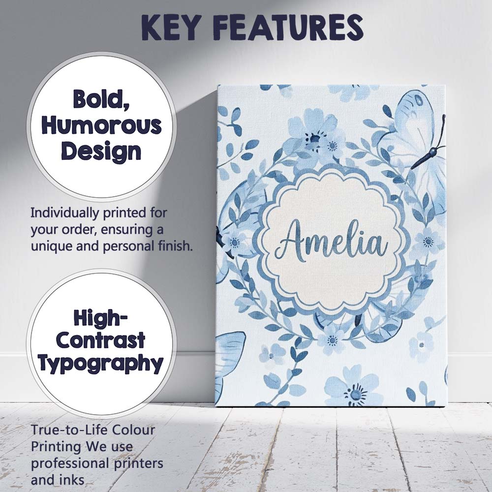 Personalised Name Cute Blue Butterflies Custom Modern Room Accent Elegant Feature Canvas Wall Art Print Decor Picture Ready to Hang