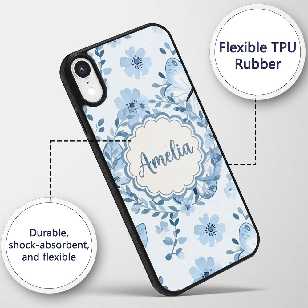 Cute Blue Butterflies with Floral Background Custom Name Protective Phone Case Mobile Cover Durable Everyday Smartphone Shock Resistant