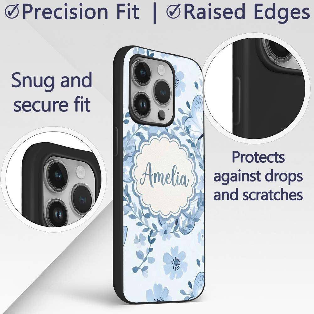 Cute Blue Butterflies with Floral Background Custom Name Protective Phone Case Mobile Cover Durable Everyday Smartphone Shock Resistant