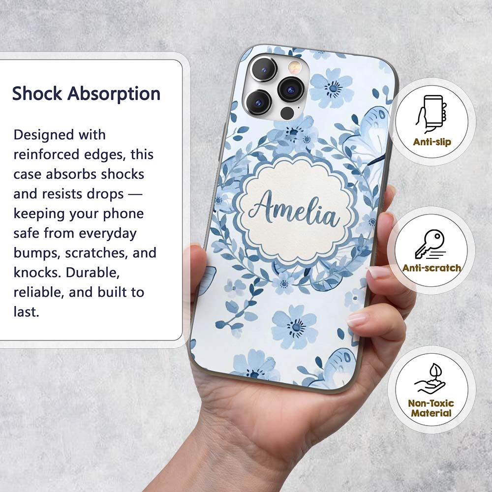 Cute Blue Butterflies with Floral Background Custom Name Protective Phone Case Mobile Cover Durable Everyday Smartphone Shock Resistant