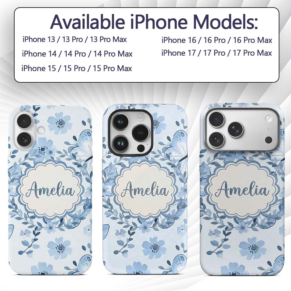 Cute Blue Butterflies with Floral Background Custom Name Protective Phone Case Mobile Cover Durable Everyday Smartphone Shock Resistant