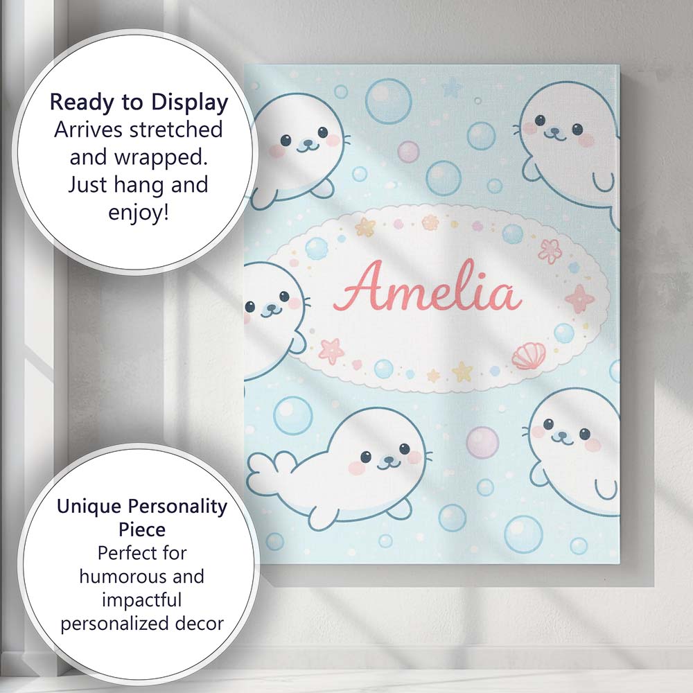 Personalised Name Cute Kawaii Seal Cartoon Animal Ocean Pattern Custom Statement Canvas Wall Art Print Decor Picture Ready to Hang