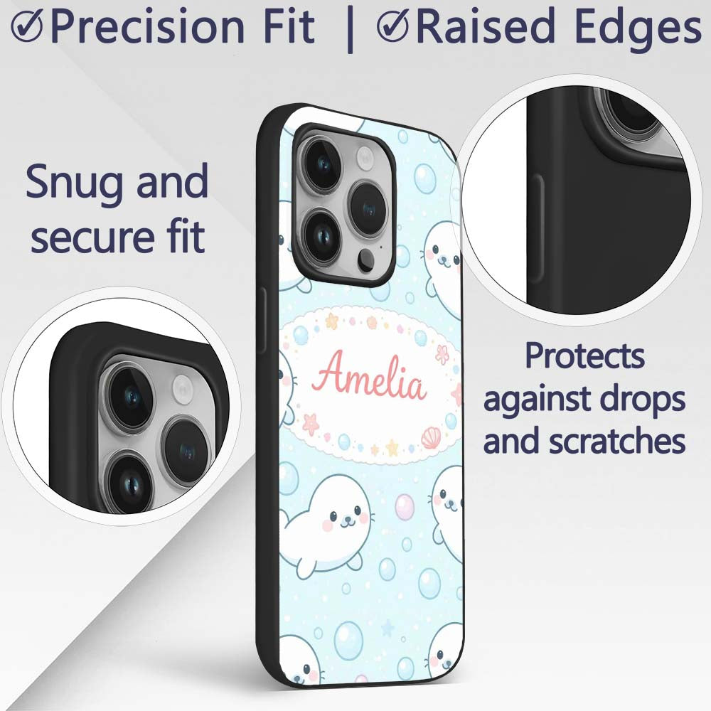 Cute Kawaii Seal Cartoon Animal Ocean Pattern Custom Name Protective Phone Case Mobile Cover Durable Everyday Smartphone Shock Resistant