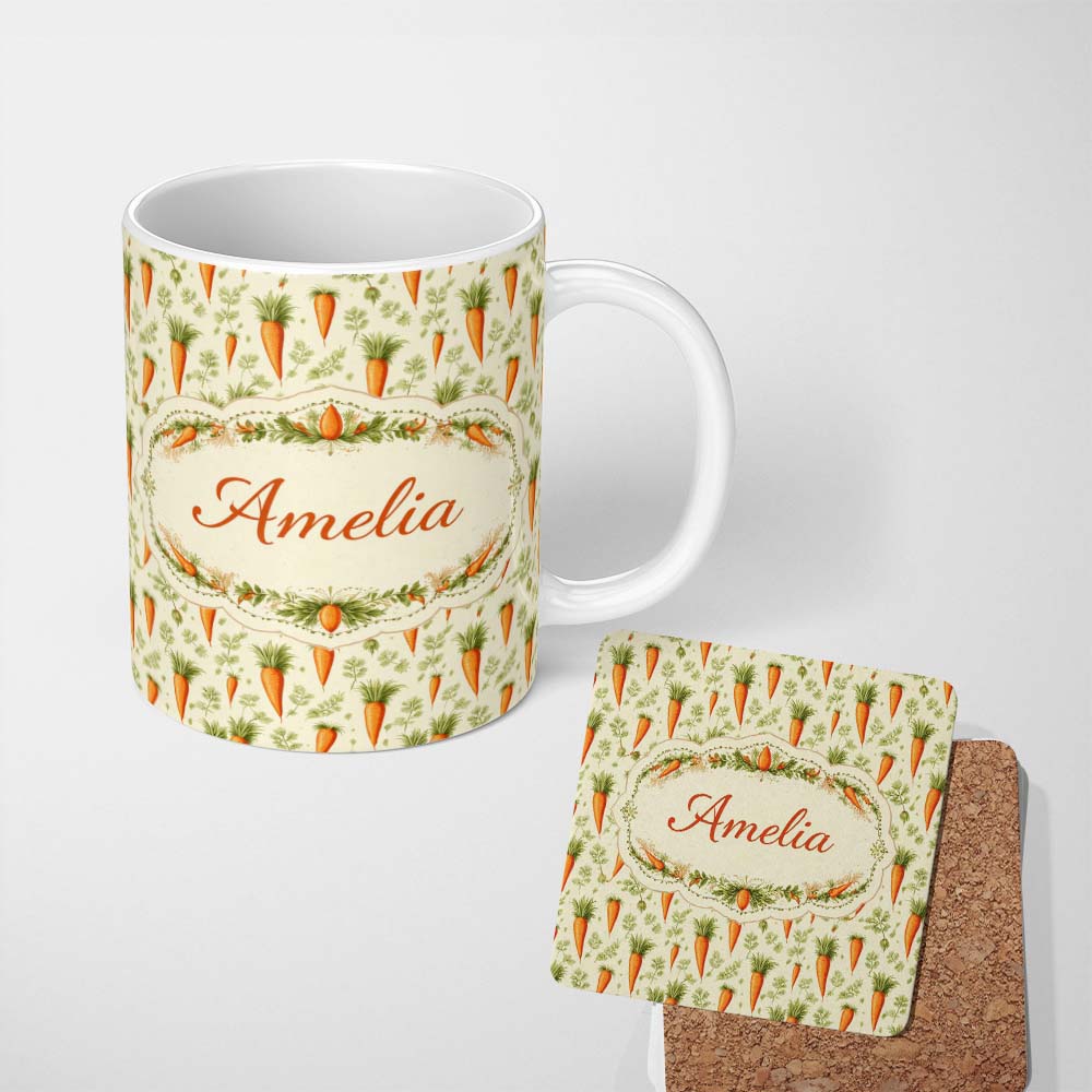 Personalized Custom Name Vintage Botanical Carrot Illustration Garden Seamless Pattern Light 11oz Ceramic Coffee Tea Mug White Large Handle