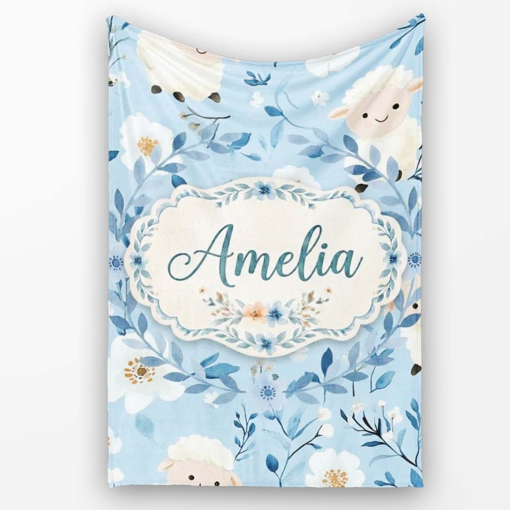 Cute Baby Sheep Lambs with Blue Floral Background Seamless Pattern Personalised Custom Name Super Soft Fleece Blanket Bed Sofa Throw