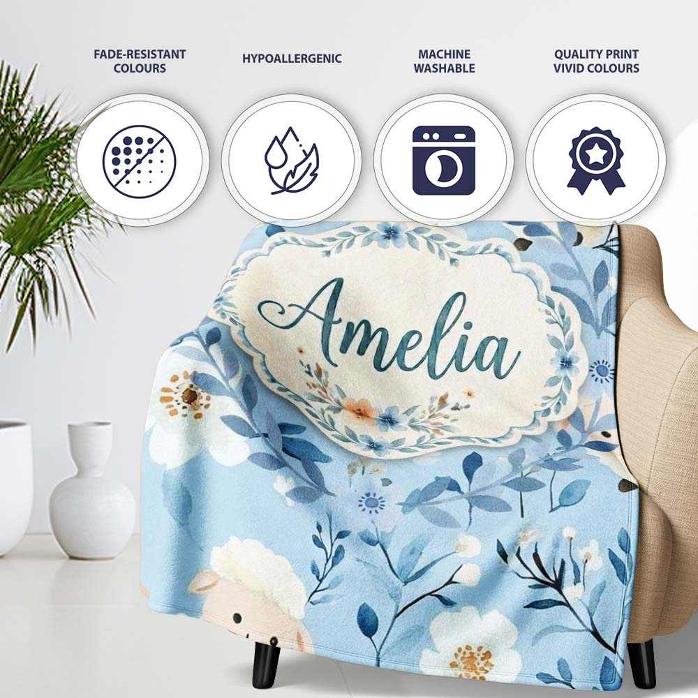 Cute Baby Sheep Lambs with Blue Floral Background Seamless Pattern Personalised Custom Name Super Soft Fleece Blanket Bed Sofa Throw