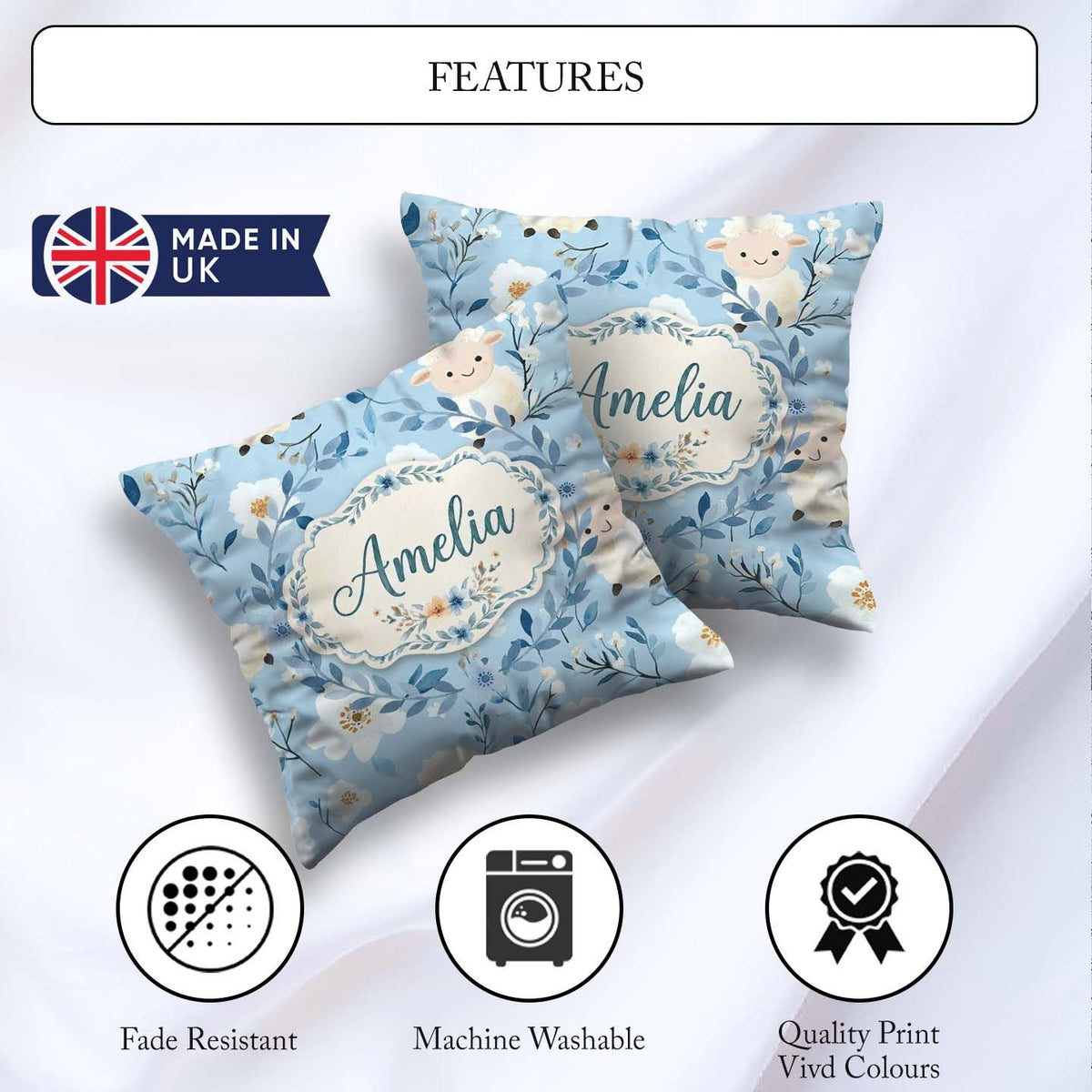 Custom Name Baby Sheep Lambs with Blue Floral Background Pattern Square Filled Cushion Throw Pillow Sofa Bed Home Decor Zip Washable UK Made