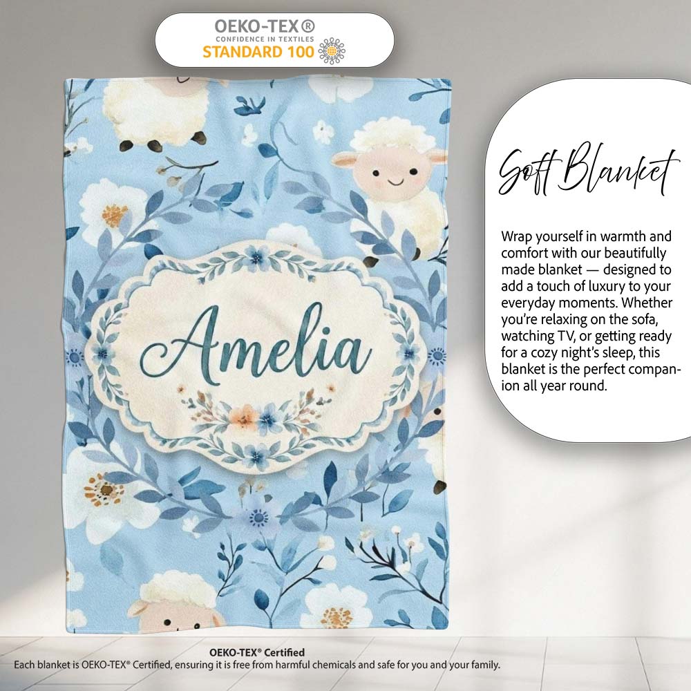 Cute Baby Sheep Lambs with Blue Floral Background Seamless Pattern Personalised Custom Name Super Soft Fleece Blanket Bed Sofa Throw