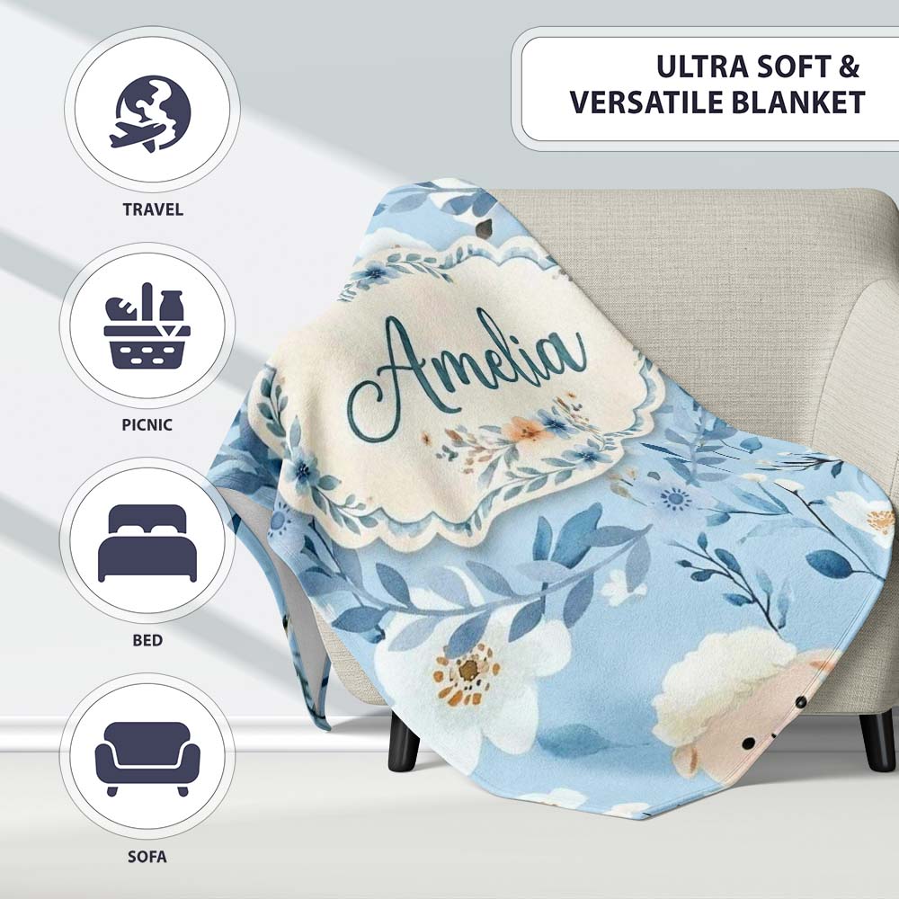Cute Baby Sheep Lambs with Blue Floral Background Seamless Pattern Personalised Custom Name Super Soft Fleece Blanket Bed Sofa Throw