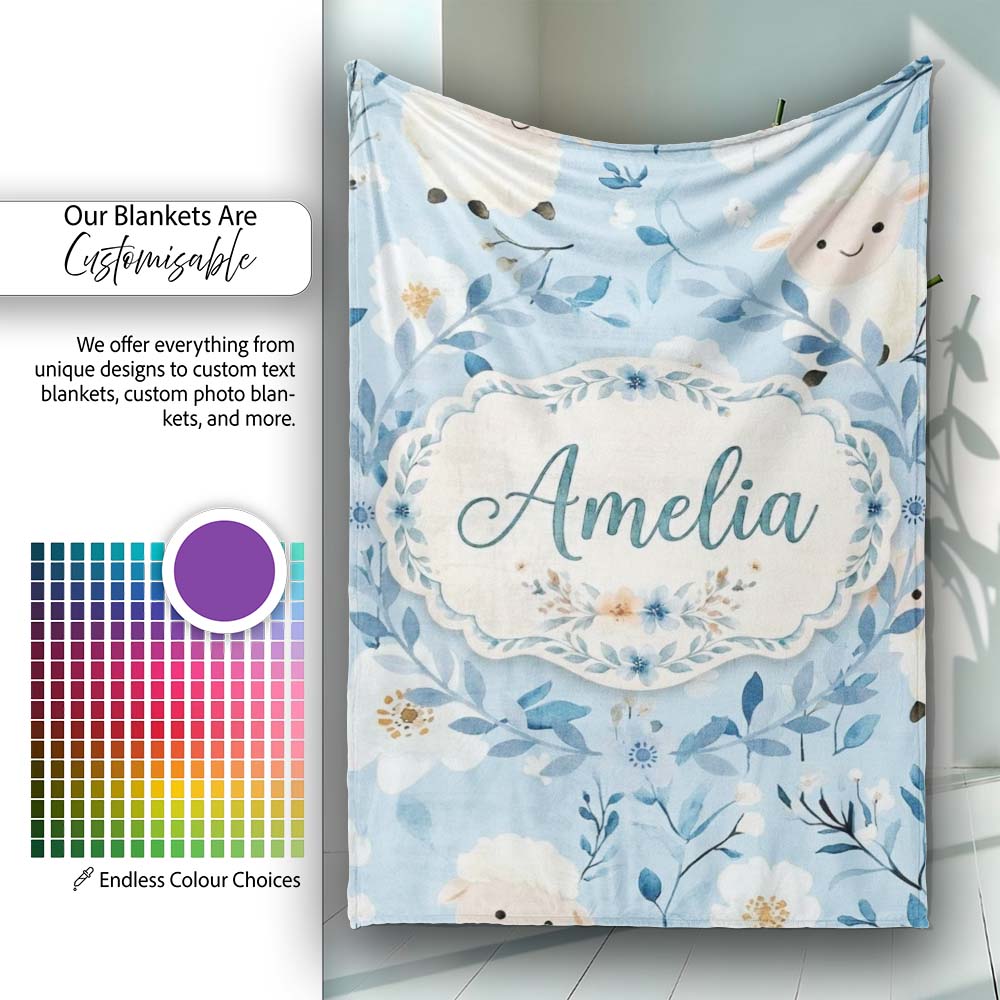 Cute Baby Sheep Lambs with Blue Floral Background Seamless Pattern Personalised Custom Name Super Soft Fleece Blanket Bed Sofa Throw