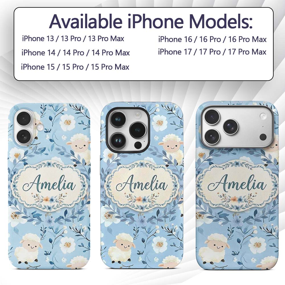 Cute Baby Sheep Lambs with Blue Floral Background Custom Name Protective Phone Case Mobile Cover Durable Everyday Smartphone Shock Resistant