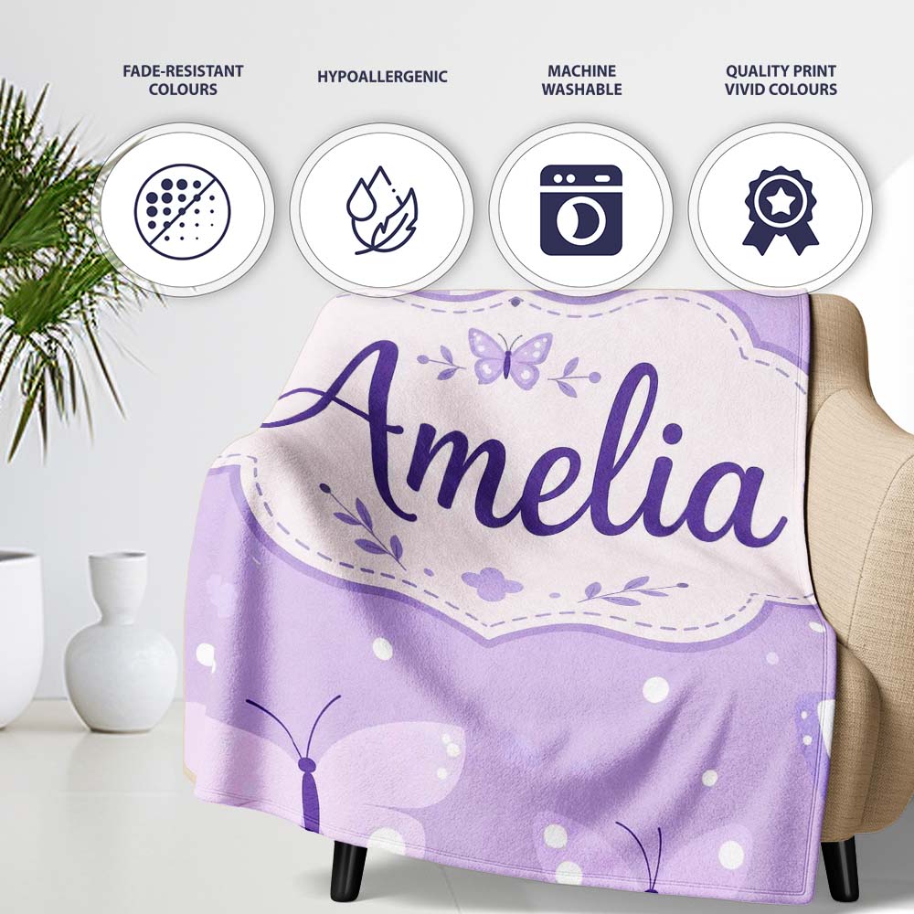 Cute Purple Butterflies with Soft Abstract Background Seamless Personalised Custom Name Super Soft Fleece Blanket Bed Sofa Throw