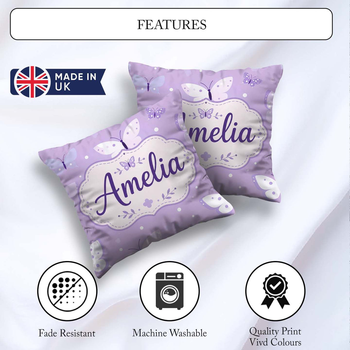 Custom Name Cute Purple Butterflies with Soft Abstract Seamless Square Filled Cushion Throw Pillow Sofa Bed Home Decor Zip Washable UK Made