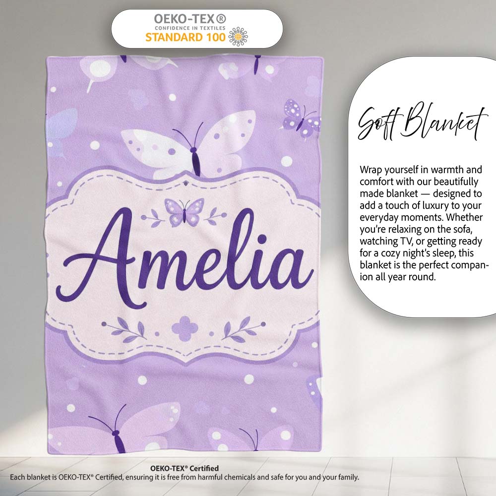 Cute Purple Butterflies with Soft Abstract Background Seamless Personalised Custom Name Super Soft Fleece Blanket Bed Sofa Throw