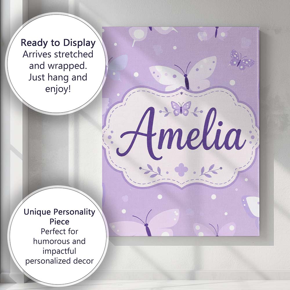 Personalised Name Cute Purple Butterflies Custom Unique Gift Idea Elegant Feature Canvas Wall Art Print Decor Picture Ready to Hang
