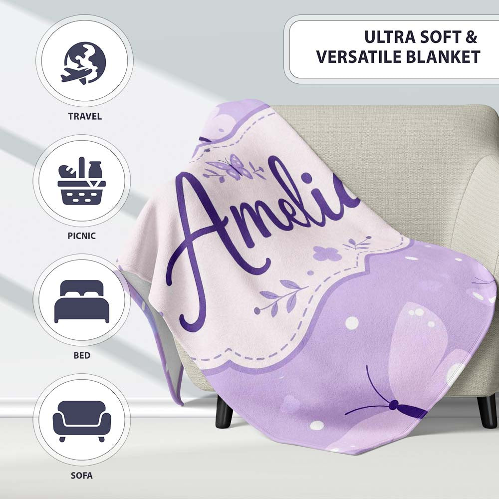 Cute Purple Butterflies with Soft Abstract Background Seamless Personalised Custom Name Super Soft Fleece Blanket Bed Sofa Throw