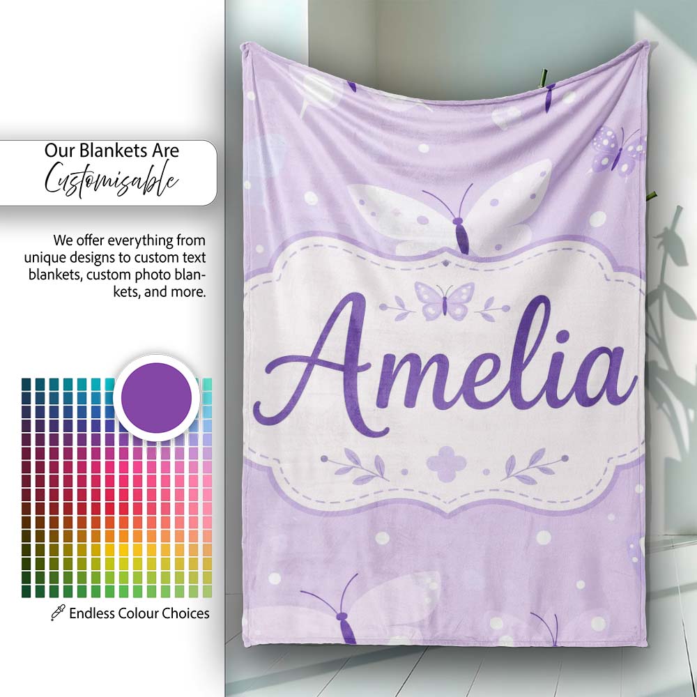 Cute Purple Butterflies with Soft Abstract Background Seamless Personalised Custom Name Super Soft Fleece Blanket Bed Sofa Throw