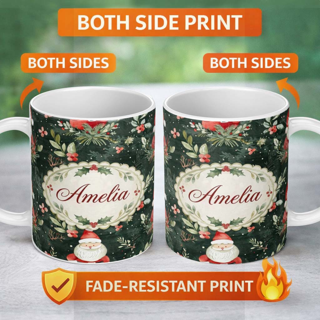 Personalized Custom Name Watercolor Santa Claus Winter Foliage Dark Green Seamless Pattern 11oz Ceramic Coffee Tea Mug White Large Handle
