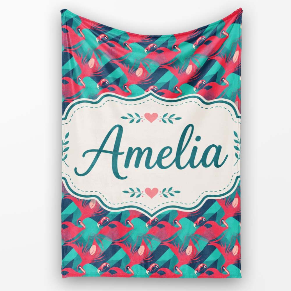 Stylish Flamingo Birds with Geometric Tropical Background Seamless Personalised Custom Name Super Soft Fleece Blanket Bed Sofa Throw