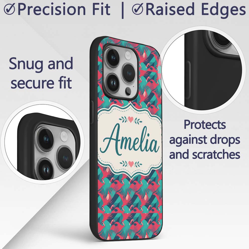 Stylish Flamingo Birds with Geometric Tropical Custom Name Protective Phone Case Mobile Cover Durable Everyday Smartphone Shock Resistant