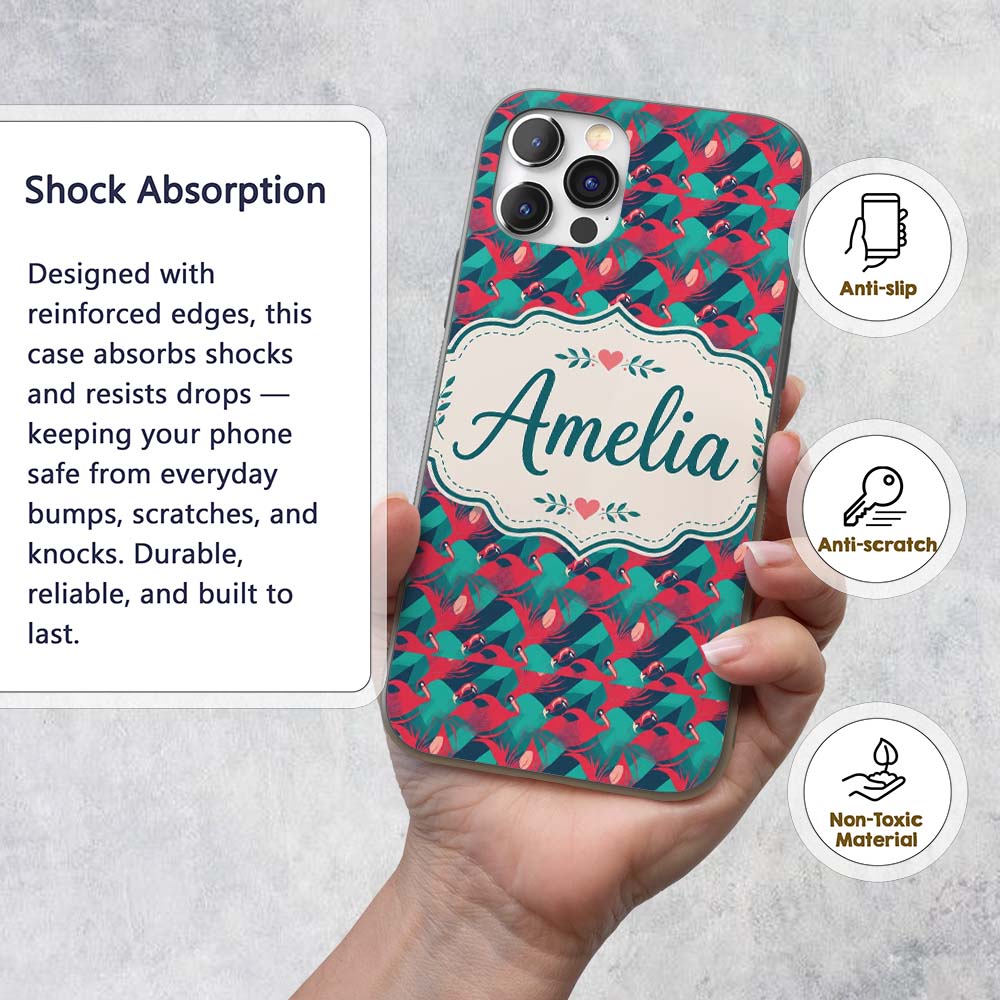 Stylish Flamingo Birds with Geometric Tropical Custom Name Protective Phone Case Mobile Cover Durable Everyday Smartphone Shock Resistant