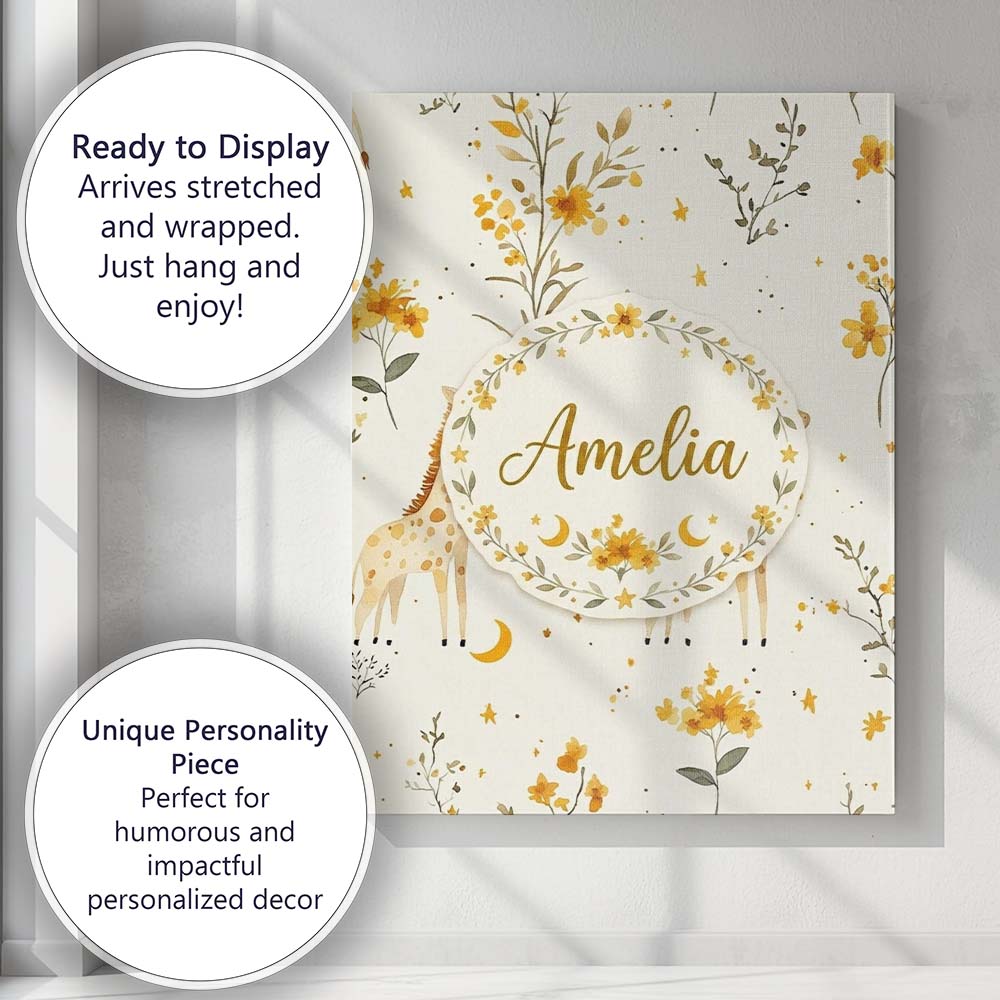 Personalised Name Cute Baby Giraffes with Custom Unique Gift Idea Elegant Feature Canvas Wall Art Print Decor Picture Ready to Hang