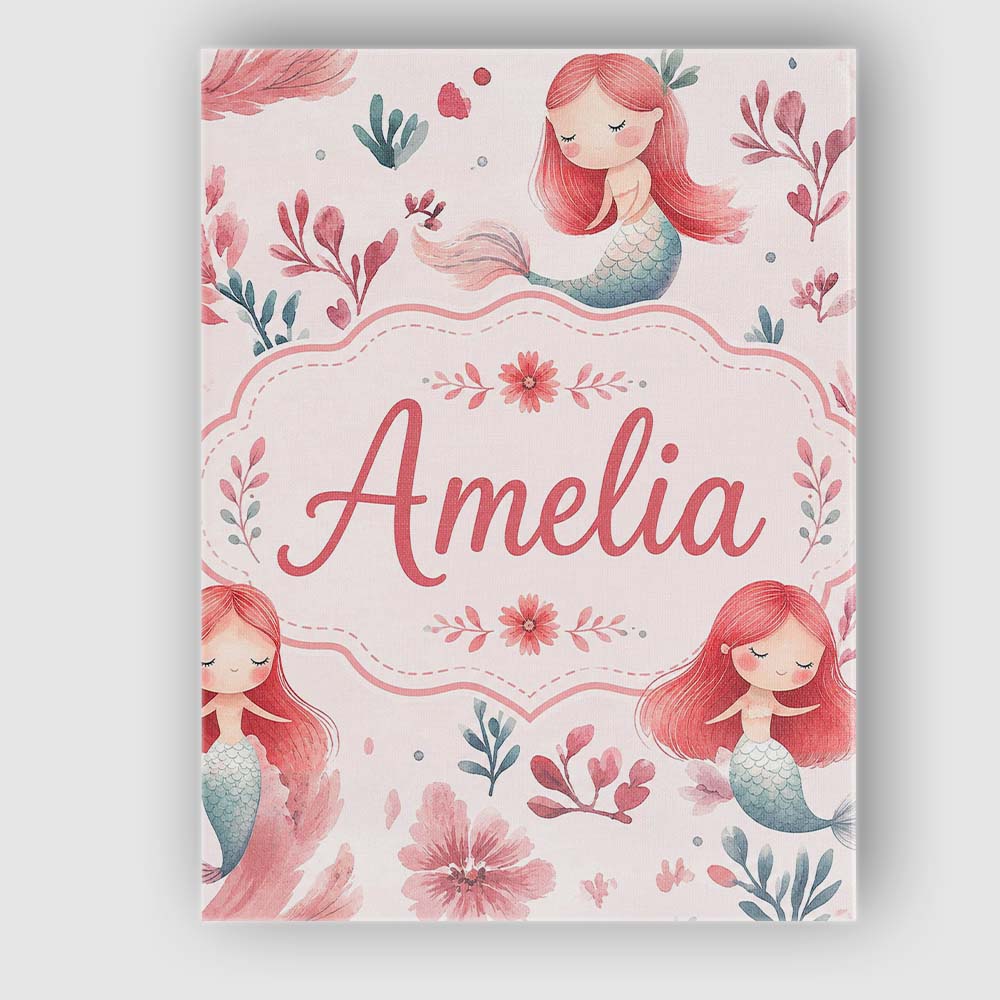 Personalised Name Cute Little Mermaids with Custom Bespoke Interior Contemporary Canvas Wall Art Print Decor Picture Ready to Hang