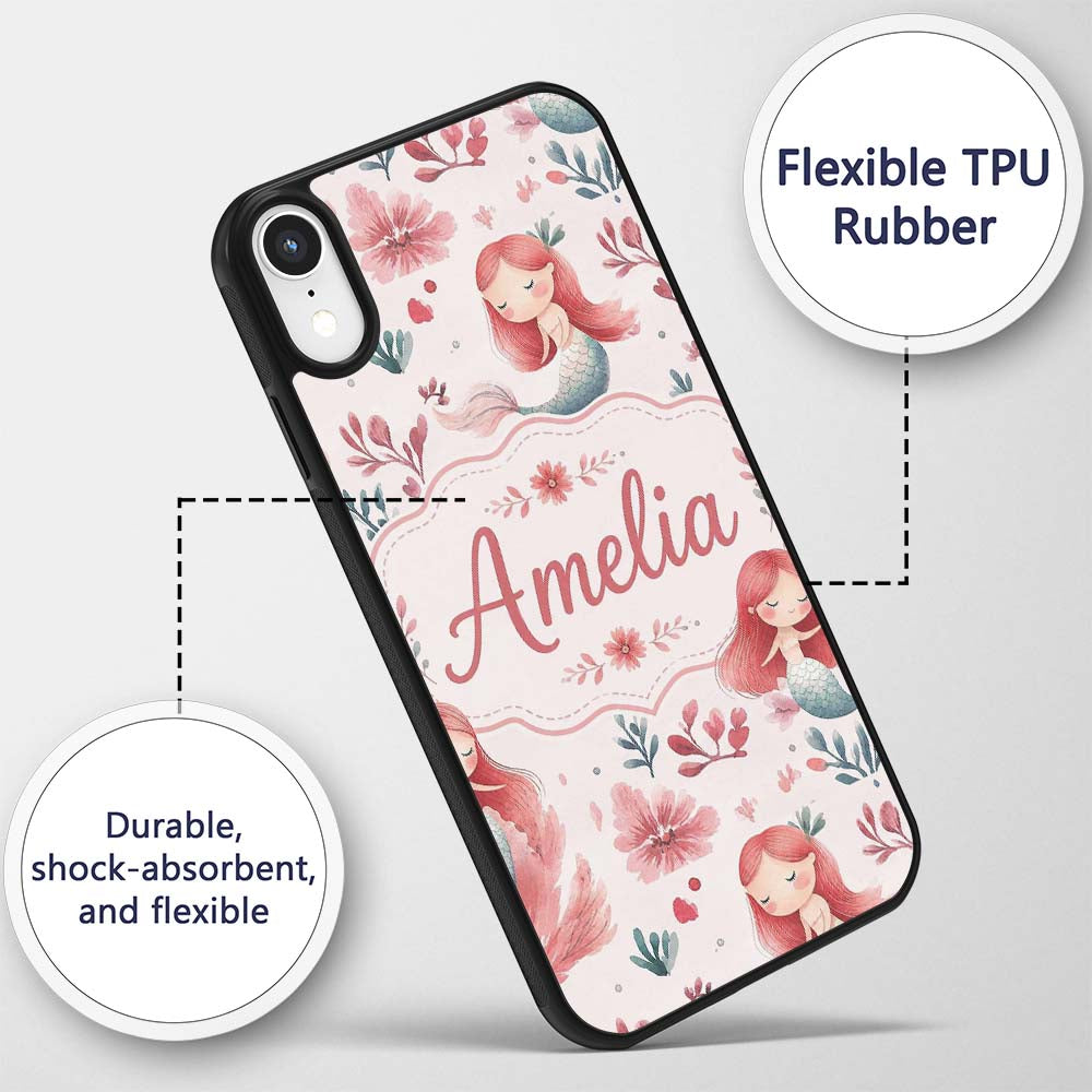 Cute Little Mermaids with Soft Floral Background Custom Name Protective Phone Case Mobile Cover Durable Everyday Smartphone Shock Resistant