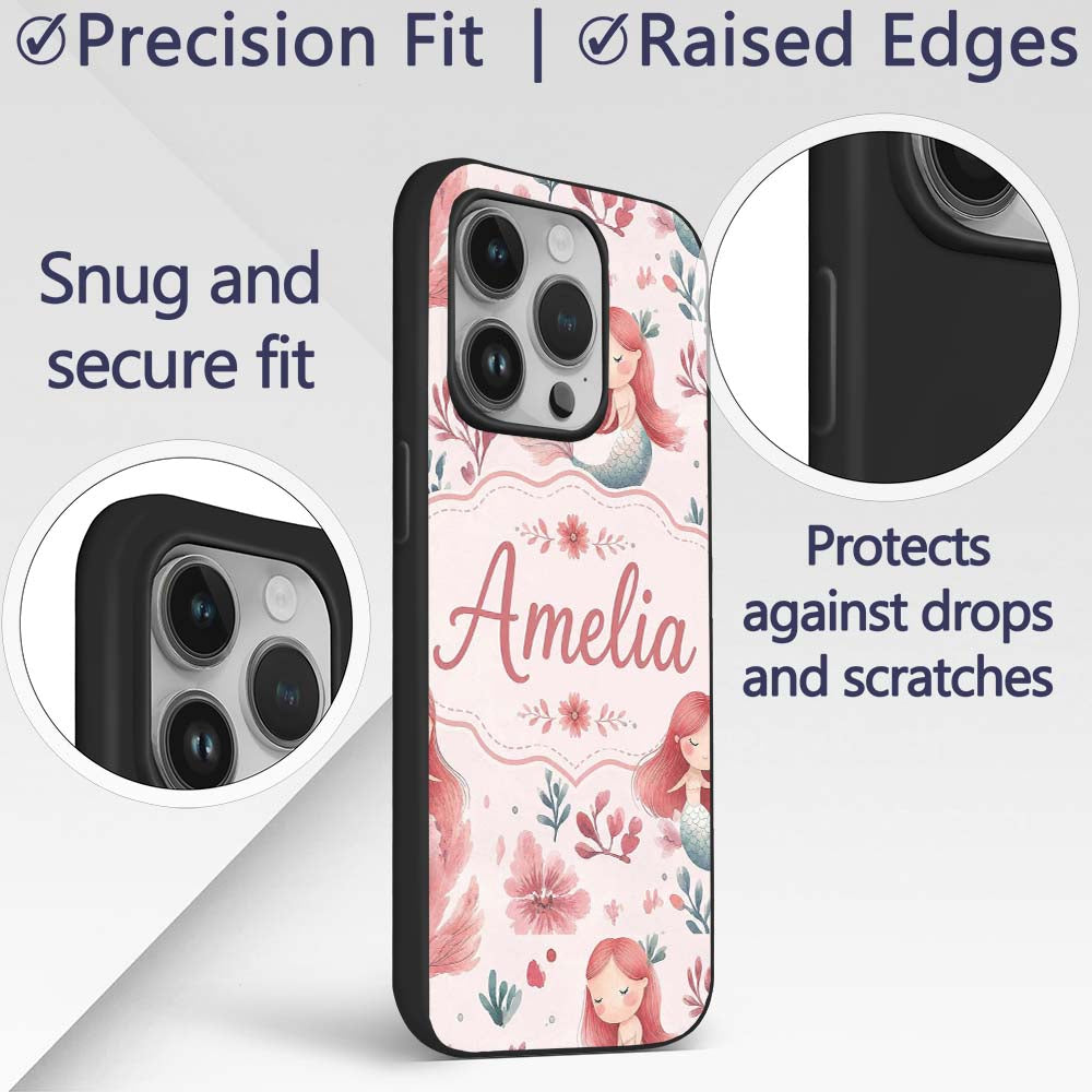Cute Little Mermaids with Soft Floral Background Custom Name Protective Phone Case Mobile Cover Durable Everyday Smartphone Shock Resistant