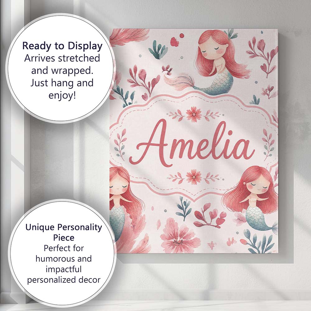 Personalised Name Cute Little Mermaids with Custom Bespoke Interior Contemporary Canvas Wall Art Print Decor Picture Ready to Hang