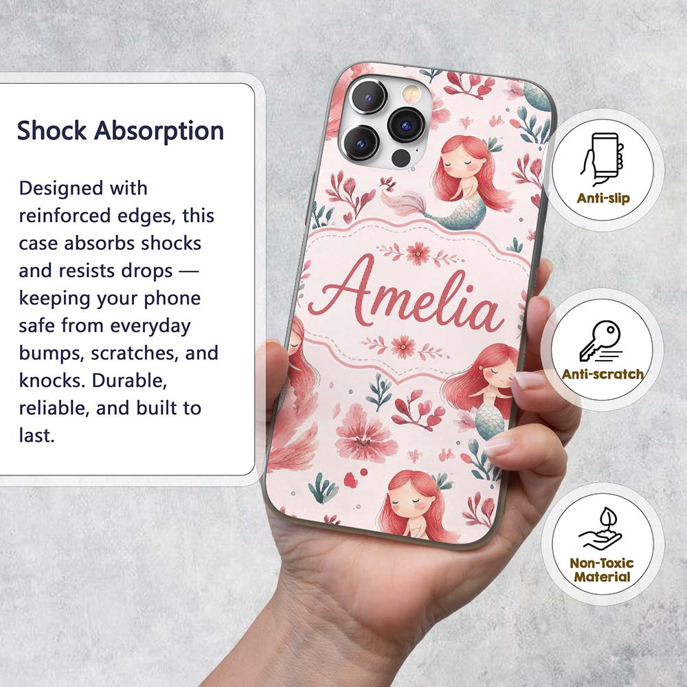 Cute Little Mermaids with Soft Floral Background Custom Name Protective Phone Case Mobile Cover Durable Everyday Smartphone Shock Resistant