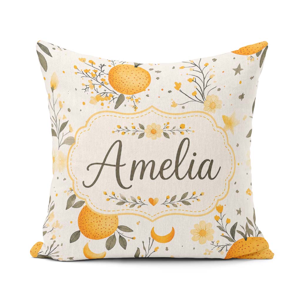 Custom Name Fresh Oranges with Delicate Floral Botanical Pattern Square Filled Cushion Throw Pillow Sofa Bed Home Decor Zip Washable UK Made