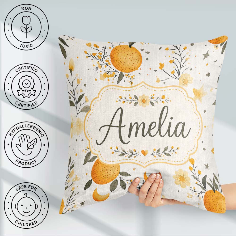 Custom Name Fresh Oranges with Delicate Floral Botanical Pattern Square Filled Cushion Throw Pillow Sofa Bed Home Decor Zip Washable UK Made